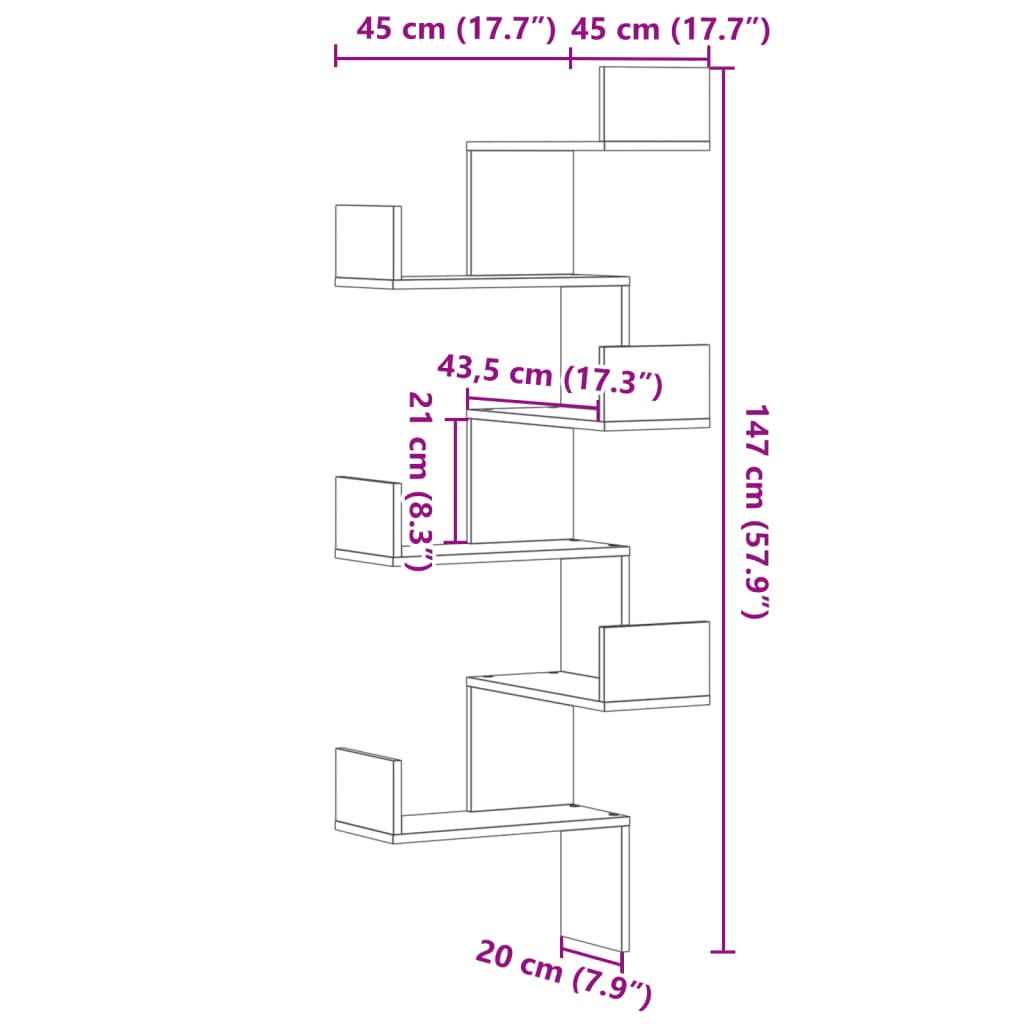 Hoekwandschap 45x45x147 cm bewerkt hout wit