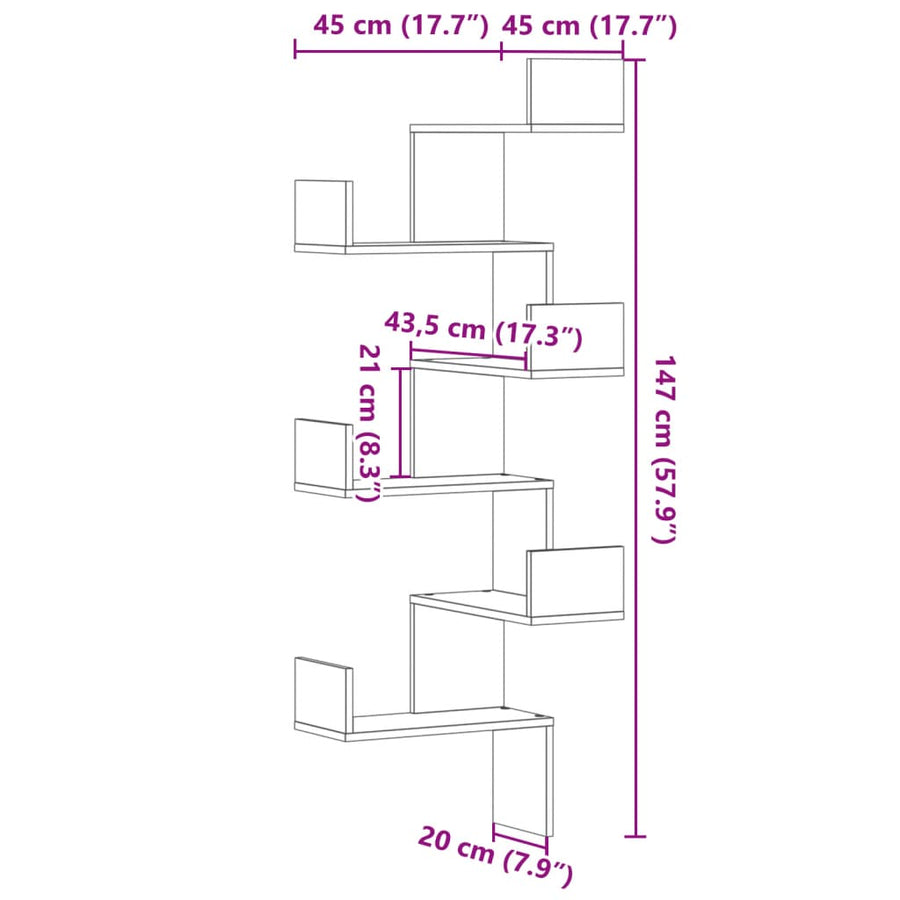 Hoekwandschap 45x45x147 cm bewerkt hout out houtkleurig