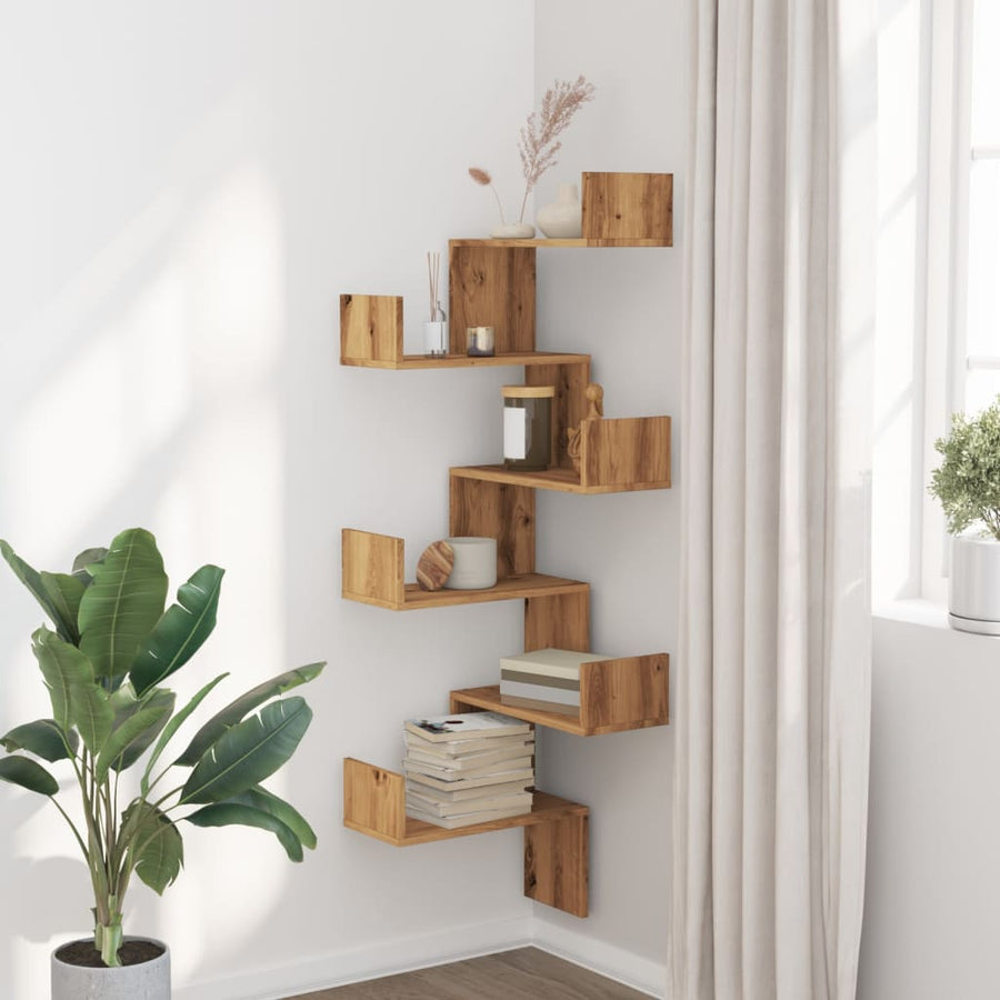 Hoekwandschap 45x45x147 cm bewerkt hout artisanaal eikenkleurig