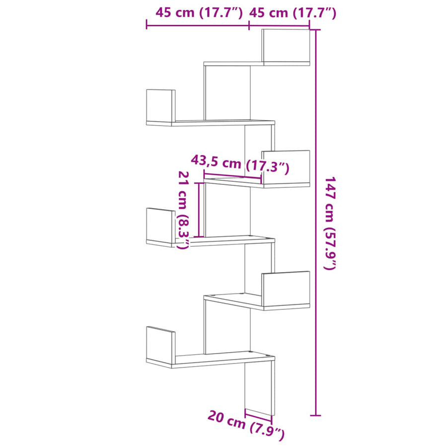 Hoekwandschap 45x45x147 cm bewerkt hout artisanaal eikenkleurig