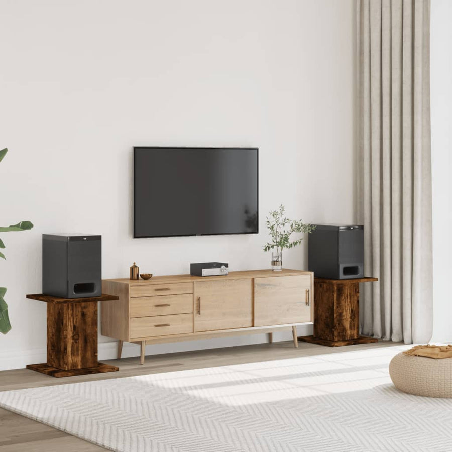Speakerstandaards 2 st 30x30x40 cm bewerkt hout gerookt eiken