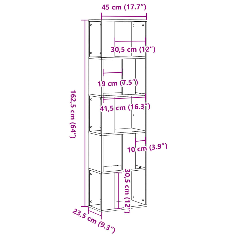 Boekenkast 5-laags 45x23,5x162,5 cm bewerkt hout betongrijs
