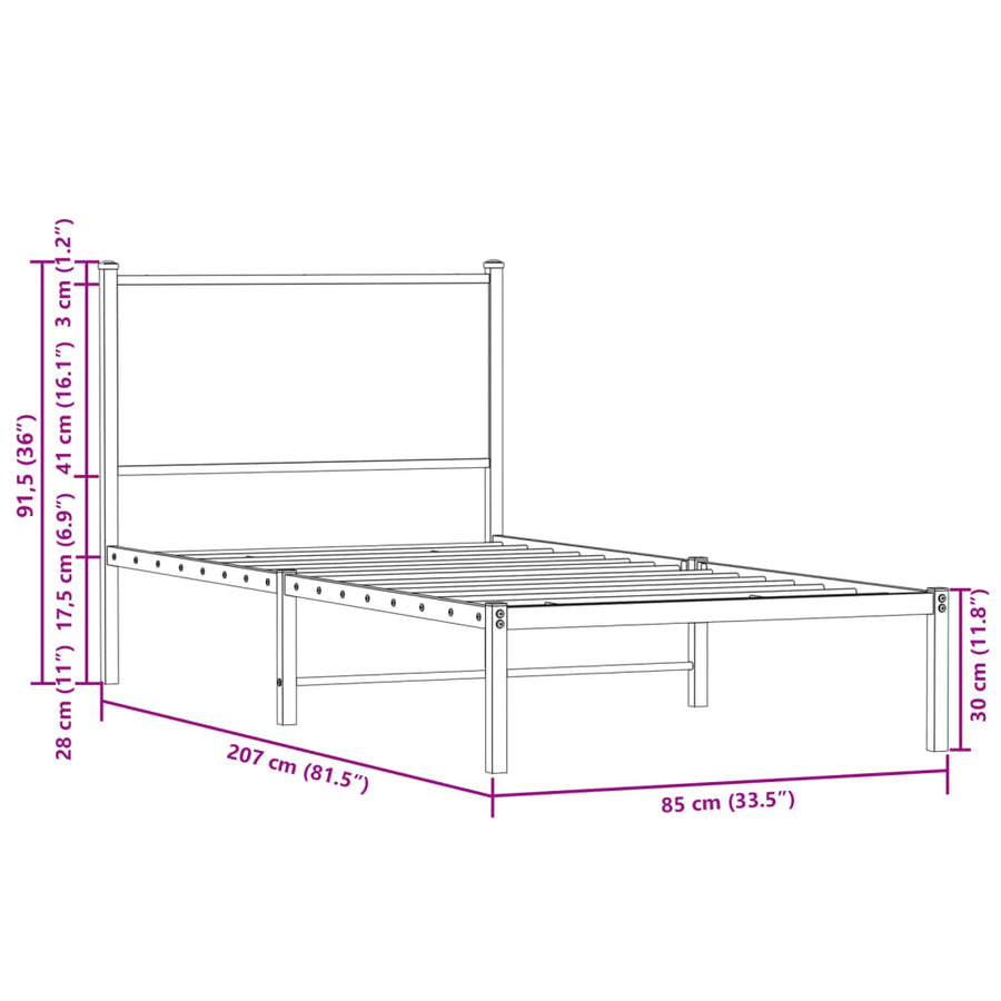 Bedframe met hoofdbord metaal gerookt eikenkleurig 80x200 cm