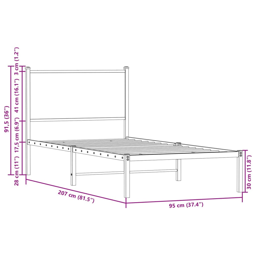 Bedframe met hoofdbord metaal gerookt eikenkleurig 90x200 cm