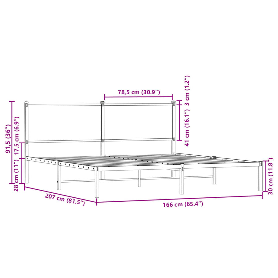 Bedframe met hoofdbord metaal gerookt eikenkleurig 160x200 cm