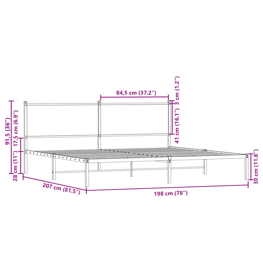 Bedframe met hoofdbord metaal gerookt eikenkleurig 193x203 cm
