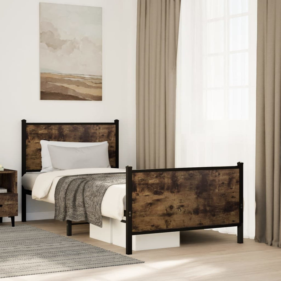 Bedframe met hoofd-en voeteneinde metaal gerookt eiken 75x190cm