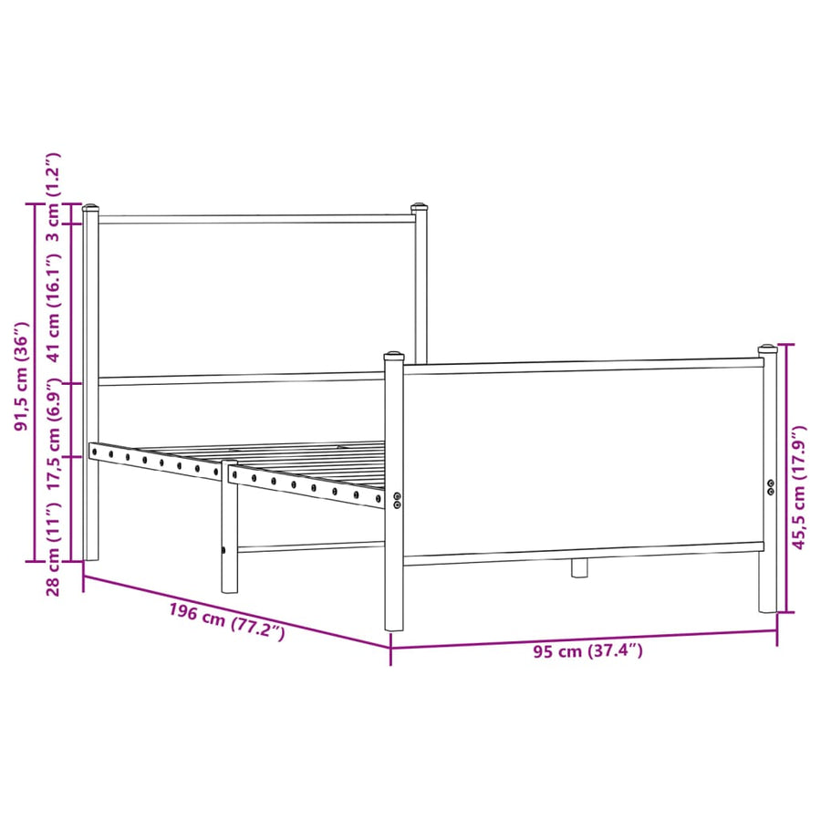 Bedframe met hoofd-en voeteneinde metaal gerookt eiken 90x190cm
