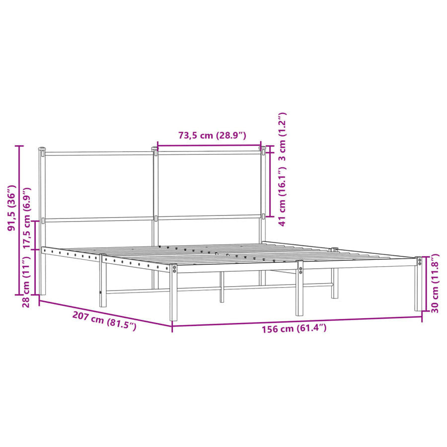 Bedframe met hoofdbord metaal sonoma eikenkleurig 150x200 cm