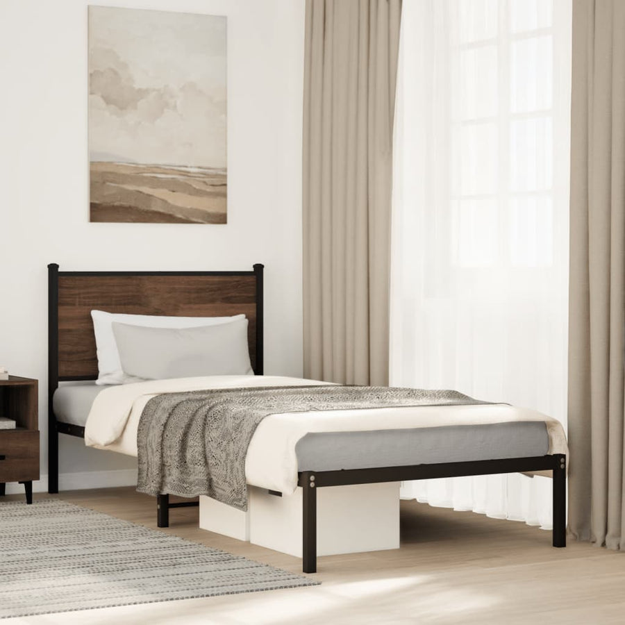 Bedframe met hoofdbord metaal bruin eikenkleurig 75x190 cm