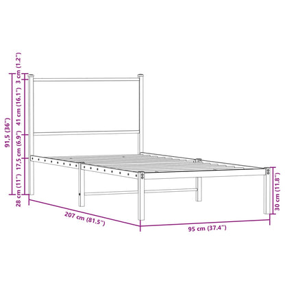 Bedframe met hoofdbord metaal bruin eikenkleurig 90x200 cm