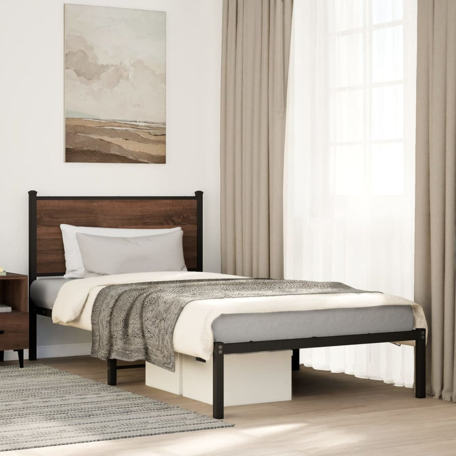 Bedframe met hoofdbord metaal bruin eikenkleurig 107x203 cm