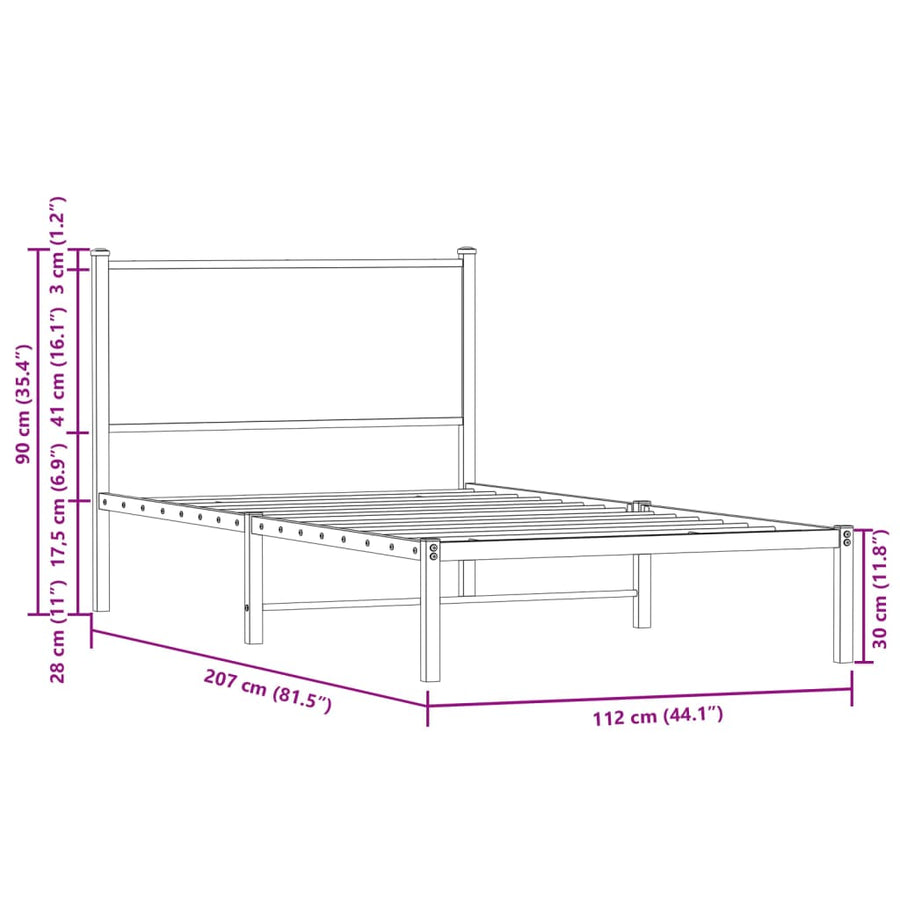 Bedframe met hoofdbord metaal bruin eikenkleurig 107x203 cm