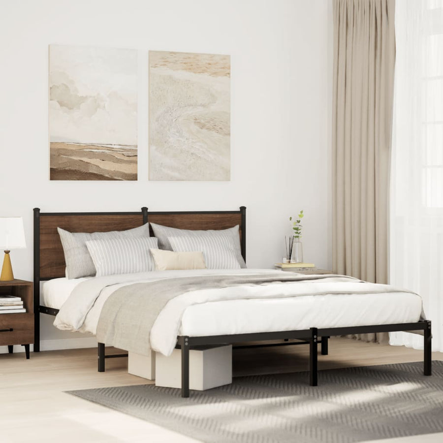 Bedframe met hoofdbord metaal bruin eikenkleurig 137x190 cm