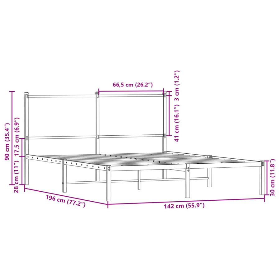 Bedframe met hoofdbord metaal bruin eikenkleurig 137x190 cm