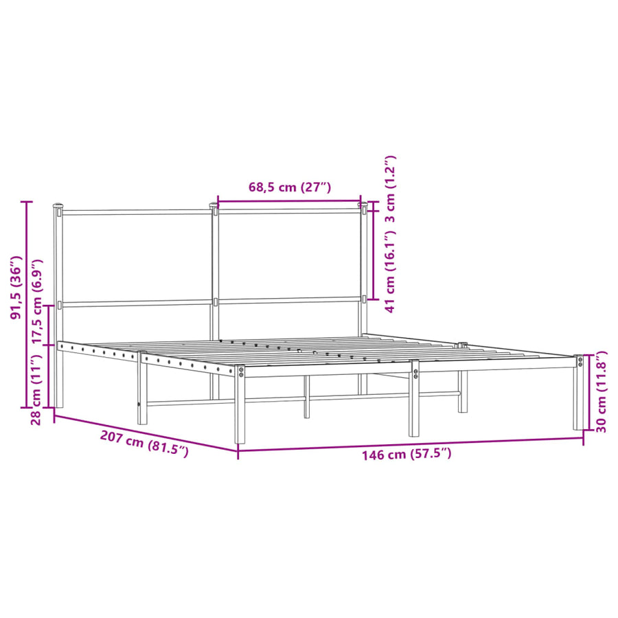 Bedframe met hoofdbord metaal bruin eikenkleurig 140x200 cm