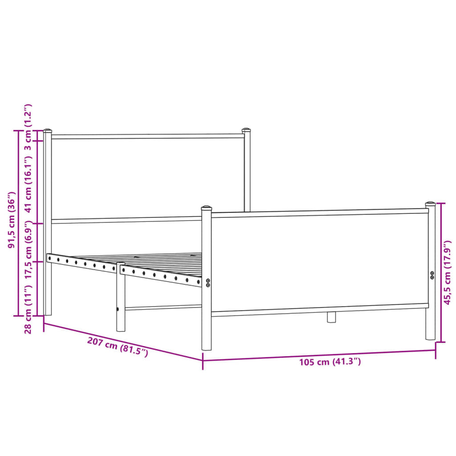 Bedframe hoofd- en voeteneinde metaal bruin eiken 100x200 cm