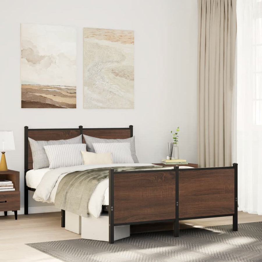 Bedframe hoofd- en voeteneinde metaal bruin eiken 137x190 cm