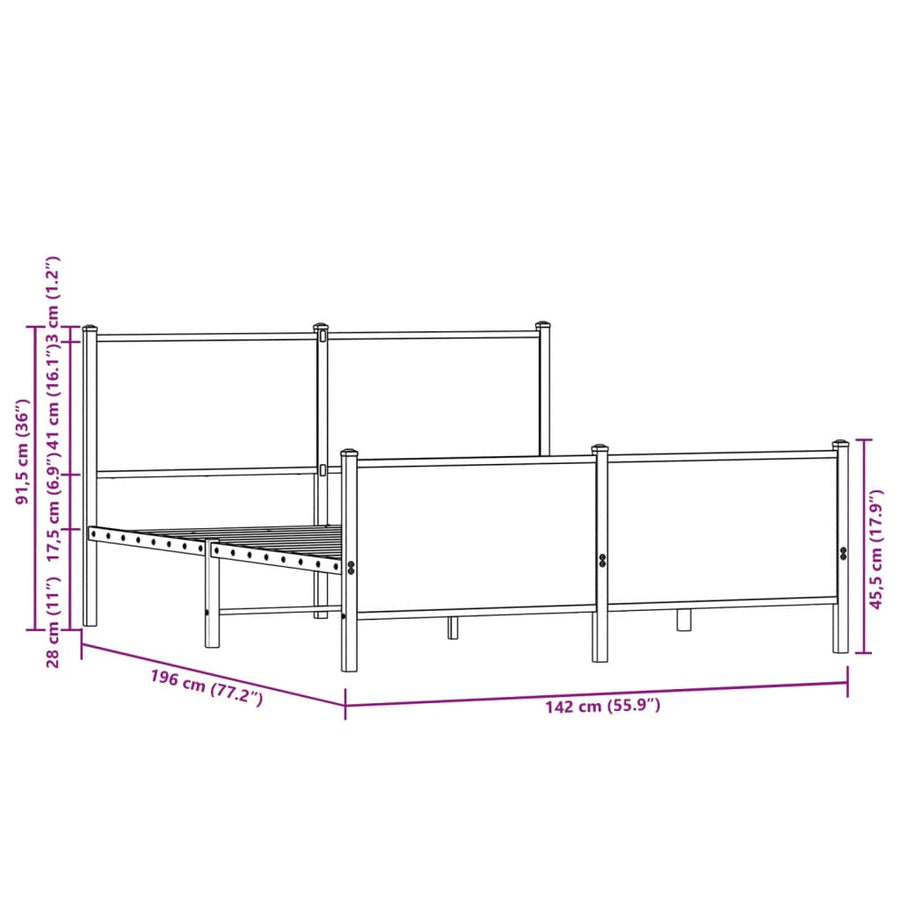 Bedframe hoofd- en voeteneinde metaal bruin eiken 137x190 cm
