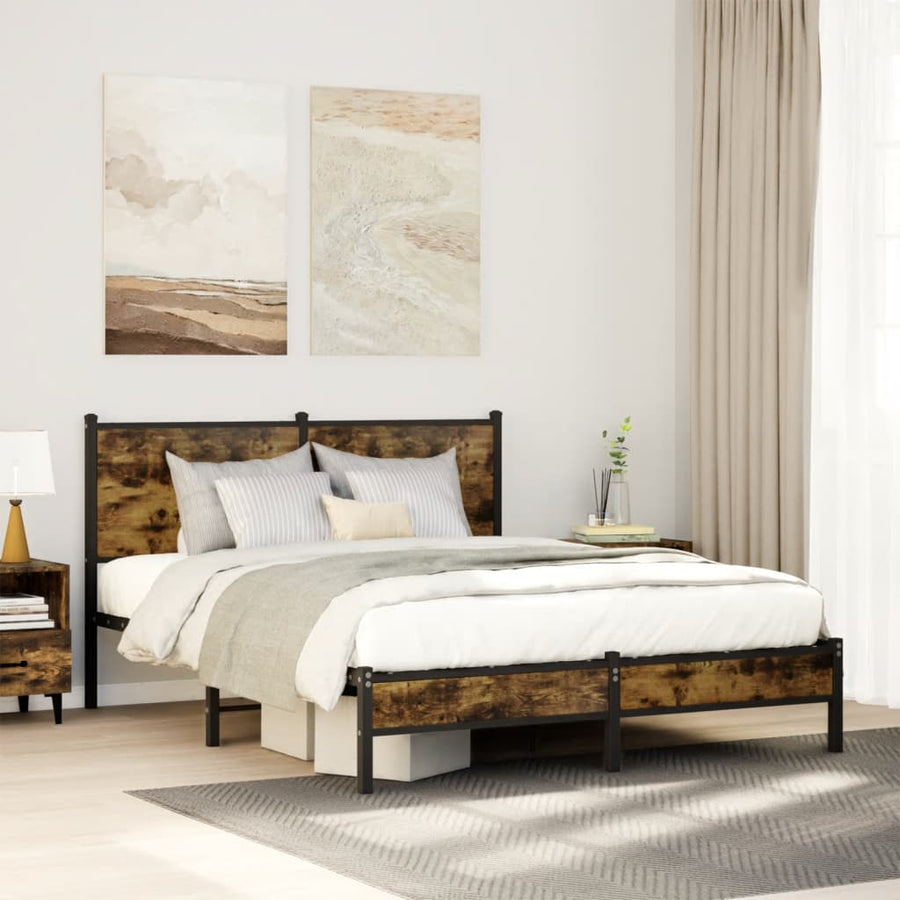 Bedframe met hoofdbord metaal gerookt eikenkleurig 137x190 cm