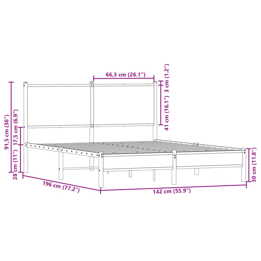 Bedframe met hoofdbord metaal gerookt eikenkleurig 137x190 cm