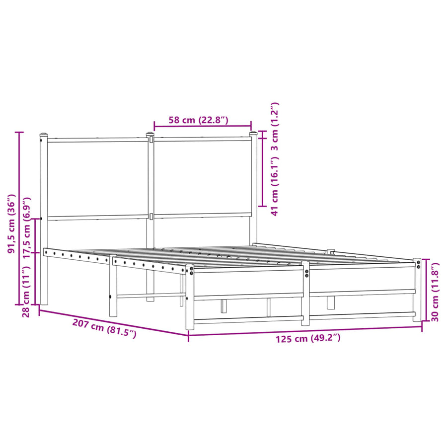Bedframe met hoofdbord metaal gerookt eikenkleurig 120x200 cm