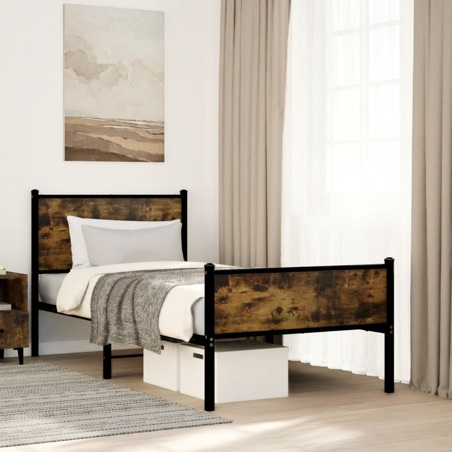 Bedframe met hoofd-en voeteneinde metaal gerookt eiken 75x190cm