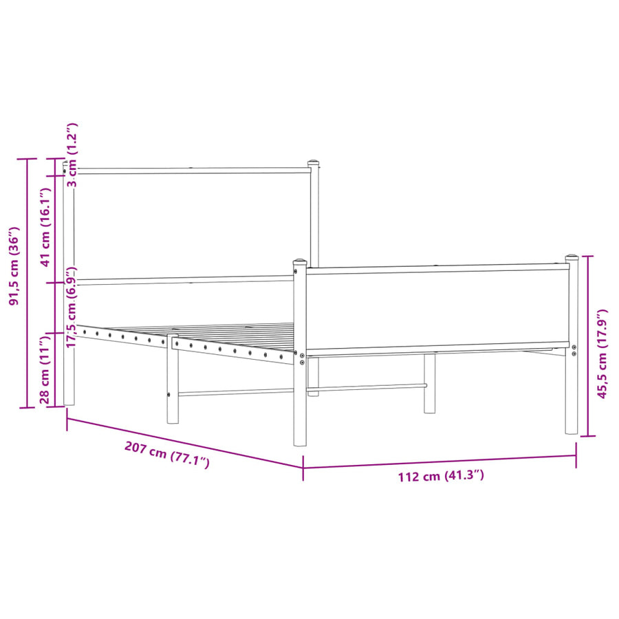 Bedframe hoofd- en voeteneinde metaal gerookt eiken 107x203 cm