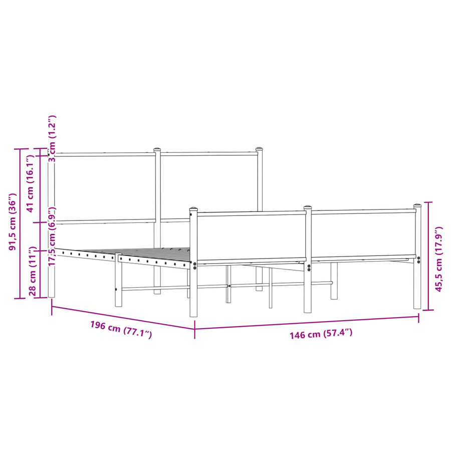 Bedframe hoofd- en voeteneinde metaal gerookt eiken 140x190 cm