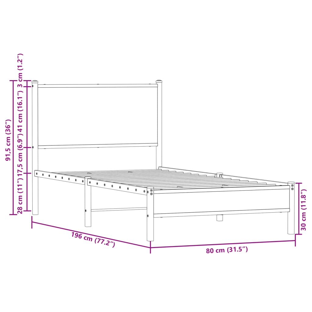 Bedframe zonder matras metaal sonoma eikenkleurig 75x190 cm