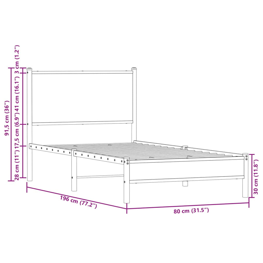 Bedframe zonder matras metaal sonoma eikenkleurig 75x190 cm