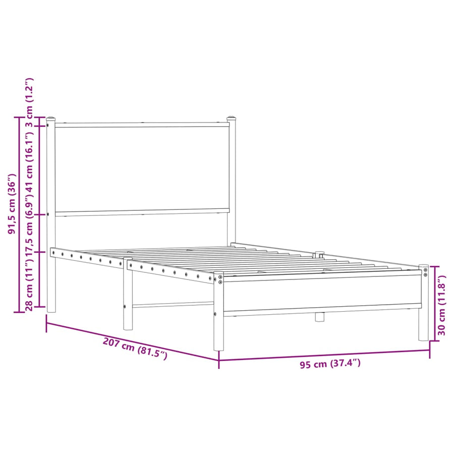 Bedframe met hoofdbord metaal sonoma eikenkleurig 90x200 cm