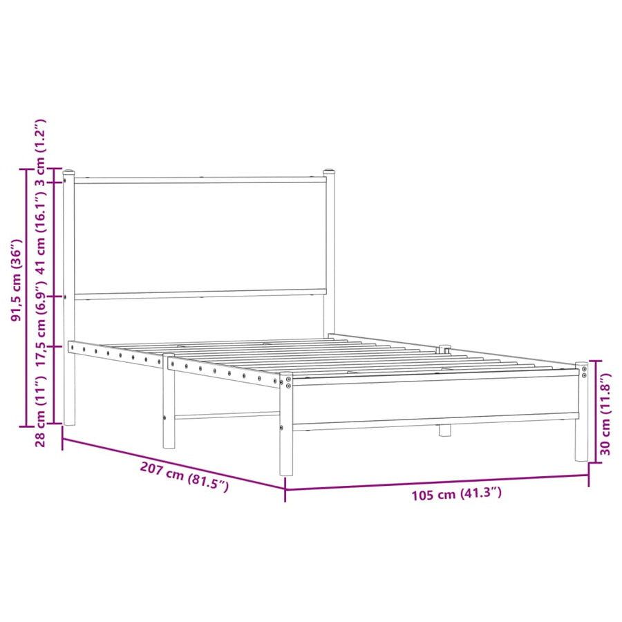 Bedframe met hoofdbord metaal sonoma eikenkleurig 100x200 cm