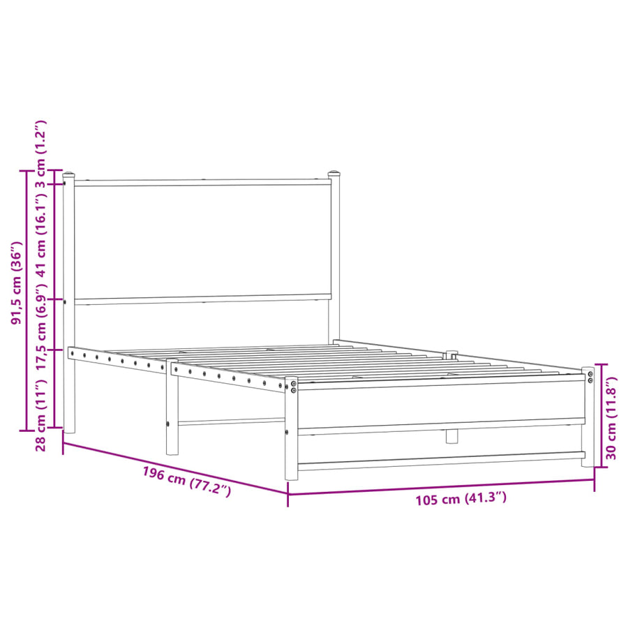 Bedframe met hoofdbord metaal sonoma eikenkleurig 100x190 cm