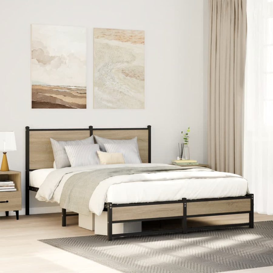 Bedframe met hoofdbord metaal sonoma eikenkleurig 137x190 cm
