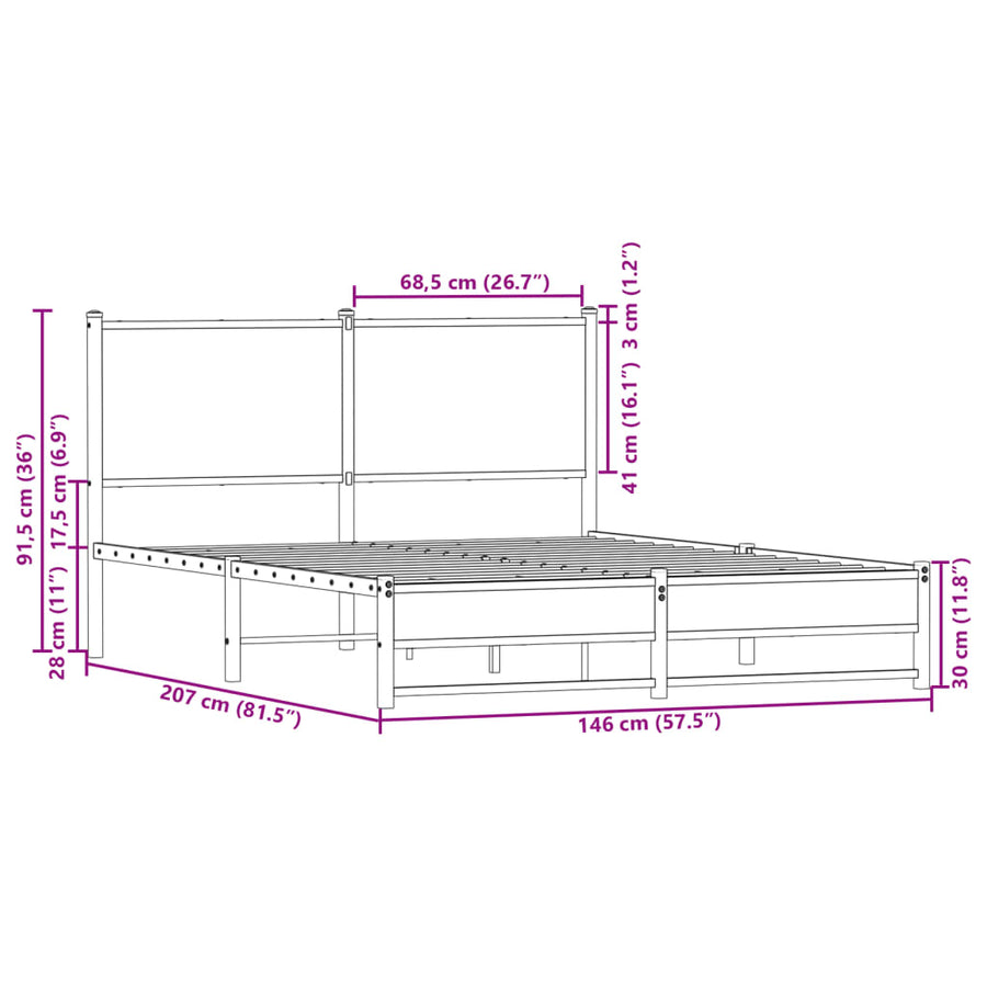 Bedframe met hoofdbord metaal sonoma eikenkleurig 140x200 cm