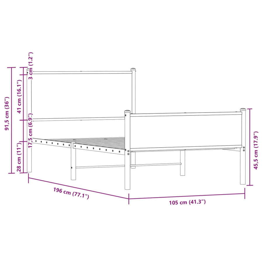 Bedframe hoofd- en voeteneinde metaal sonoma eiken 100x190 cm