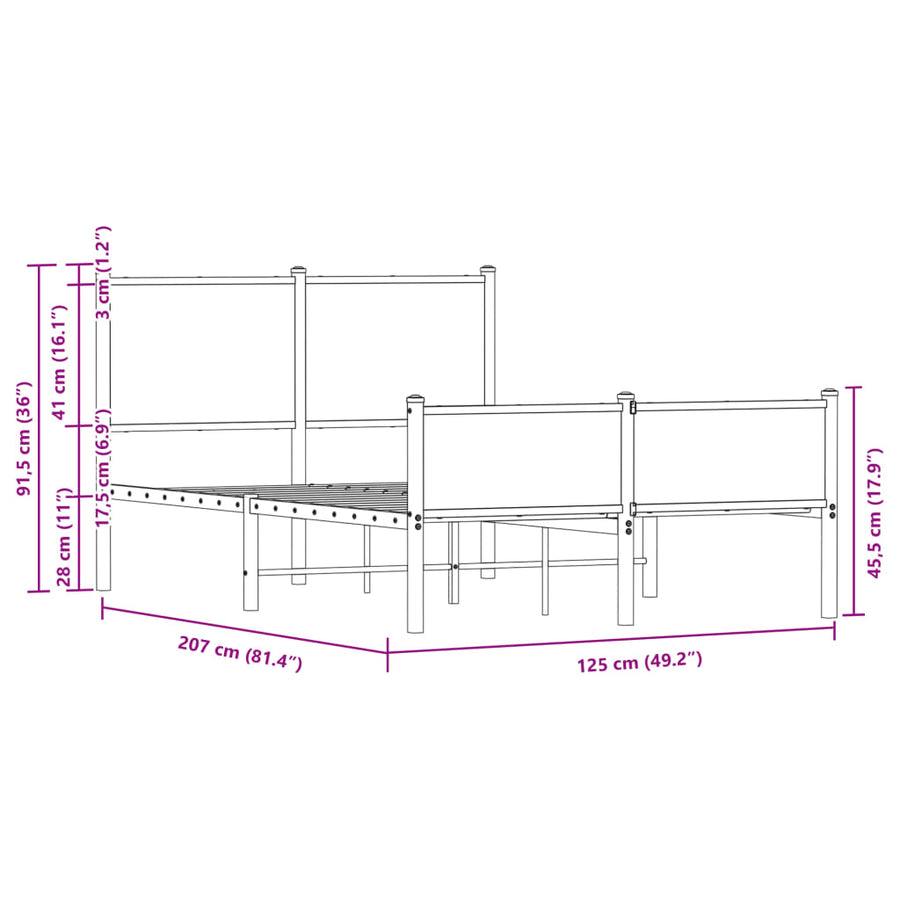 Bedframe hoofd- en voeteneinde metaal sonoma eiken 120x200 cm