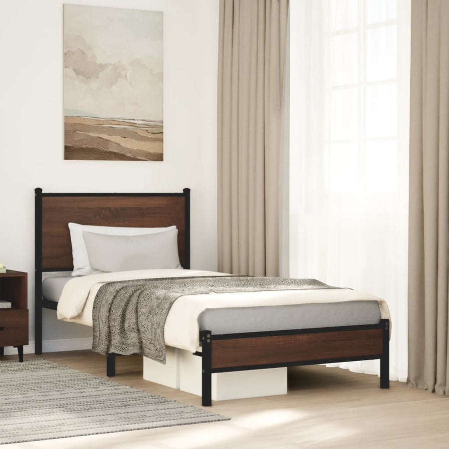 Bedframe met hoofdbord metaal bruin eikenkleurig 75x190 cm