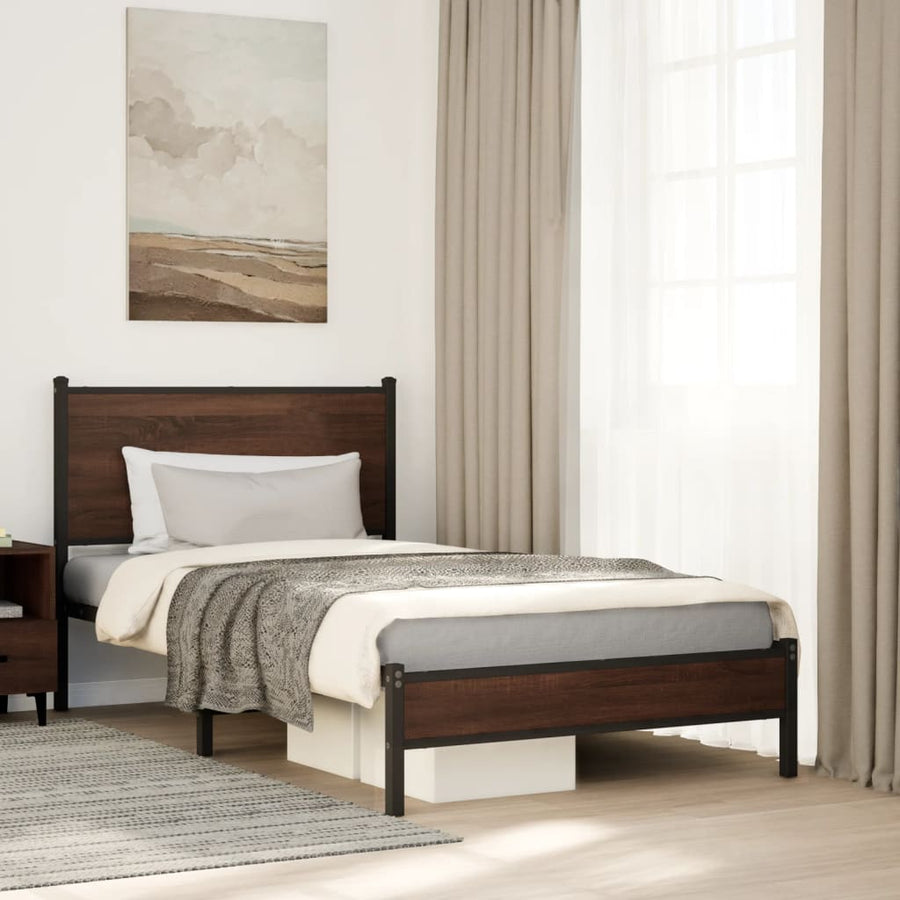 Bedframe met hoofdbord metaal bruin eikenkleurig 100x190 cm