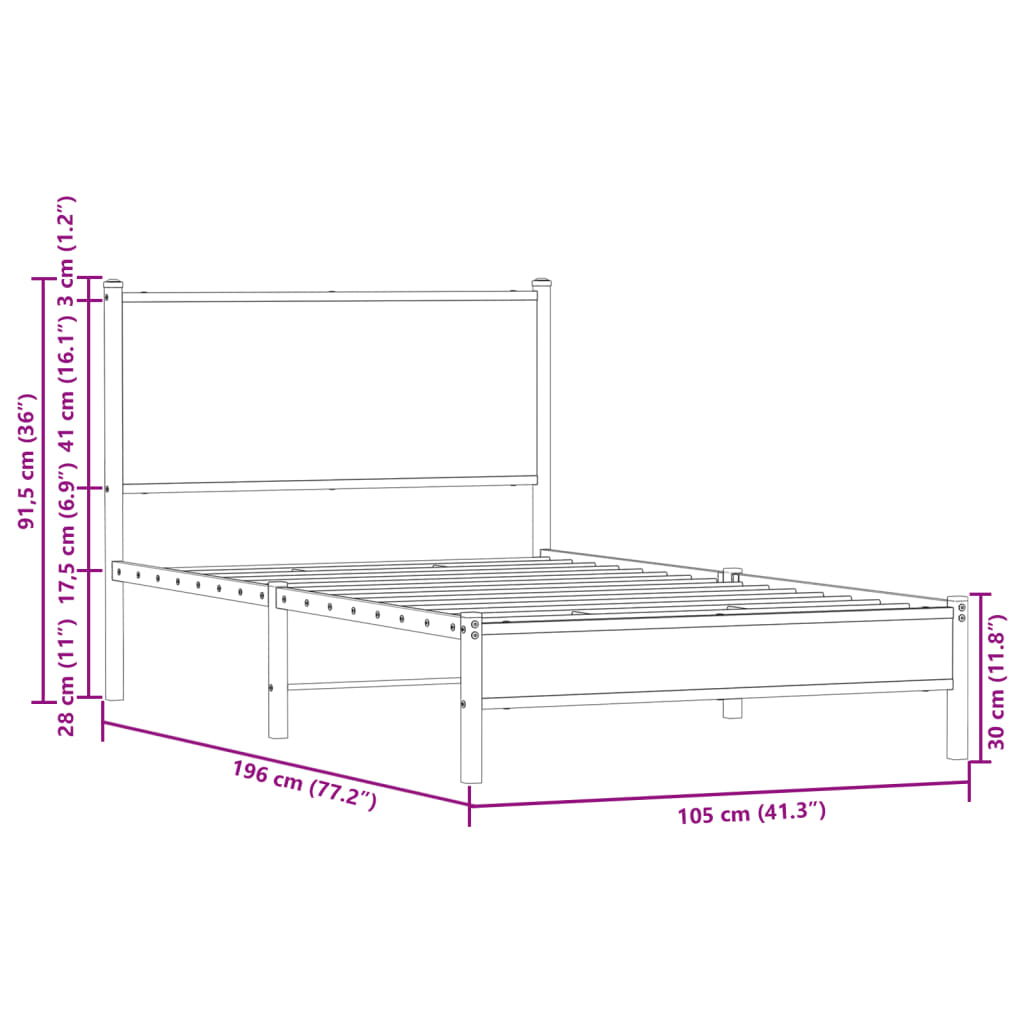 Bedframe met hoofdbord metaal bruin eikenkleurig 100x190 cm