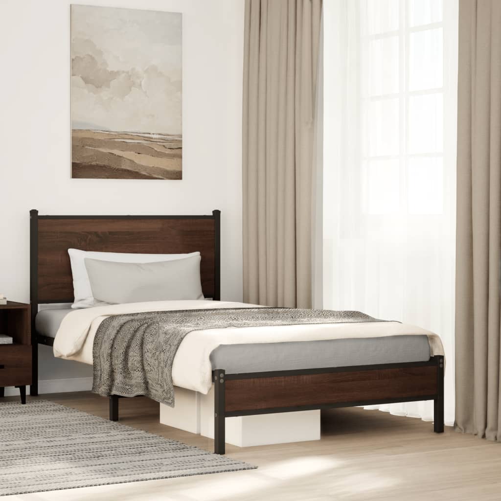 Bedframe met hoofdbord metaal bruin eikenkleurig 107x203 cm