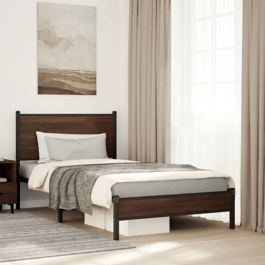 Bedframe met hoofdbord metaal bruin eikenkleurig 107x203 cm