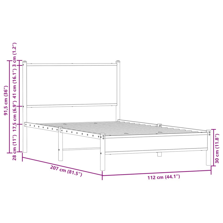 Bedframe met hoofdbord metaal bruin eikenkleurig 107x203 cm