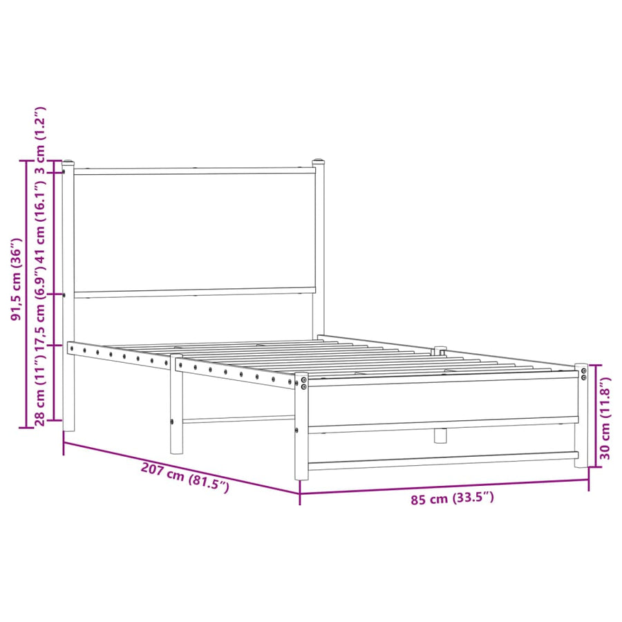 Bedframe met hoofdbord metaal bruin eikenkleurig 80x200 cm