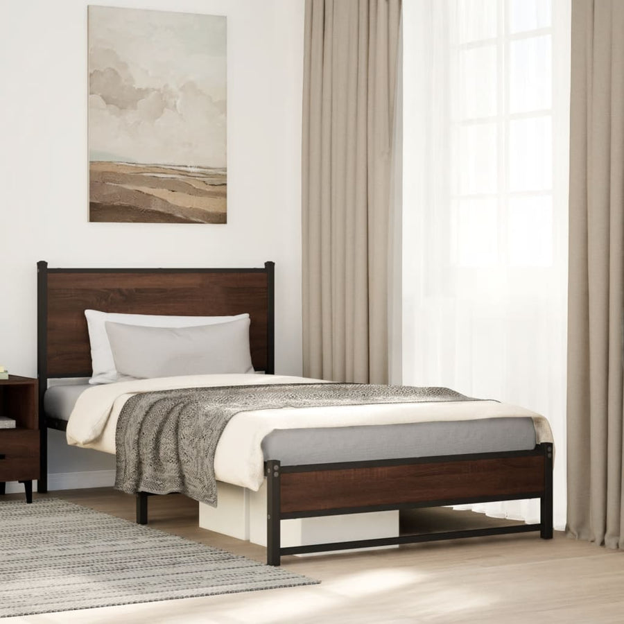 Bedframe met hoofdbord metaal bruin eikenkleurig 107x203 cm