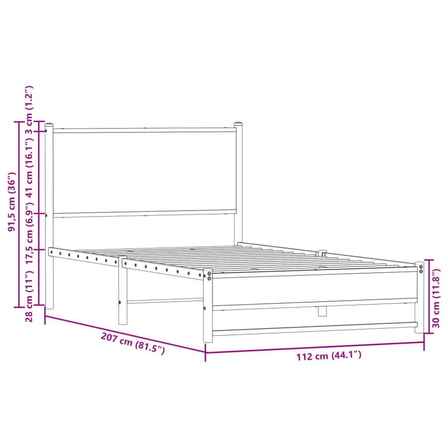 Bedframe met hoofdbord metaal bruin eikenkleurig 107x203 cm