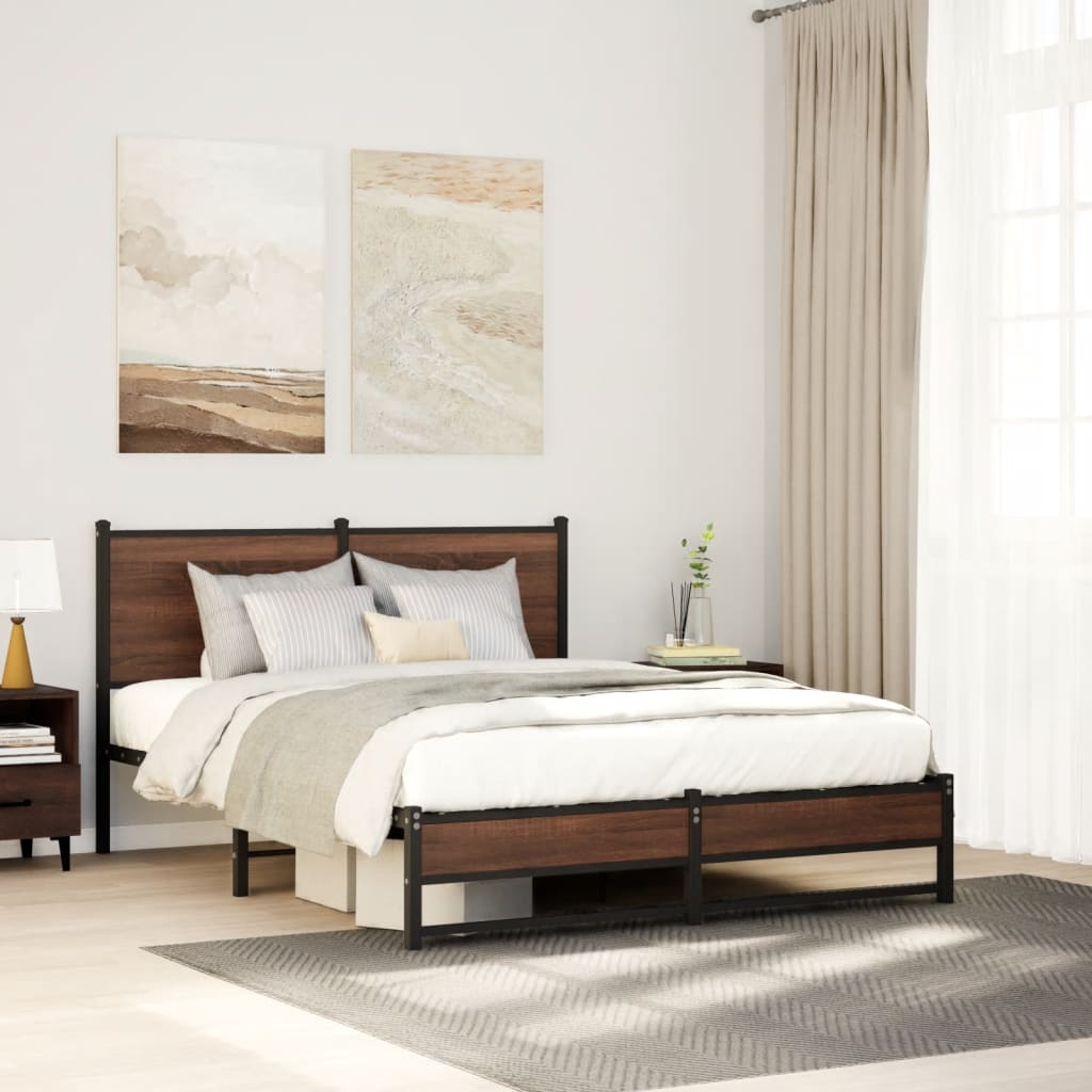 Bedframe met hoofdbord metaal bruin eikenkleurig 137x190 cm