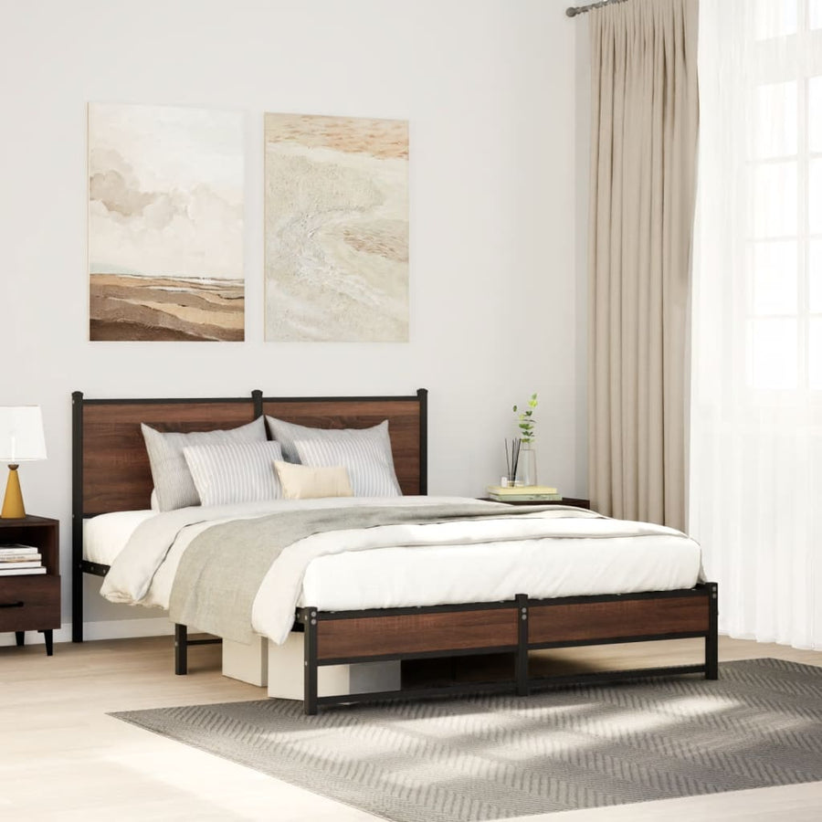 Bedframe met hoofdbord metaal bruin eikenkleurig 140x190 cm