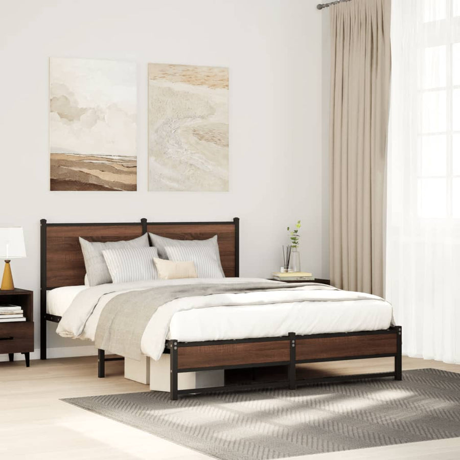 Bedframe met hoofdbord metaal bruin eikenkleurig 140x200 cm